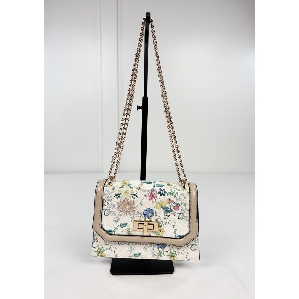 Aldo Floral Crossbody Bag White Pink Gold Chain Strap Flap Turn Lock Handbag M